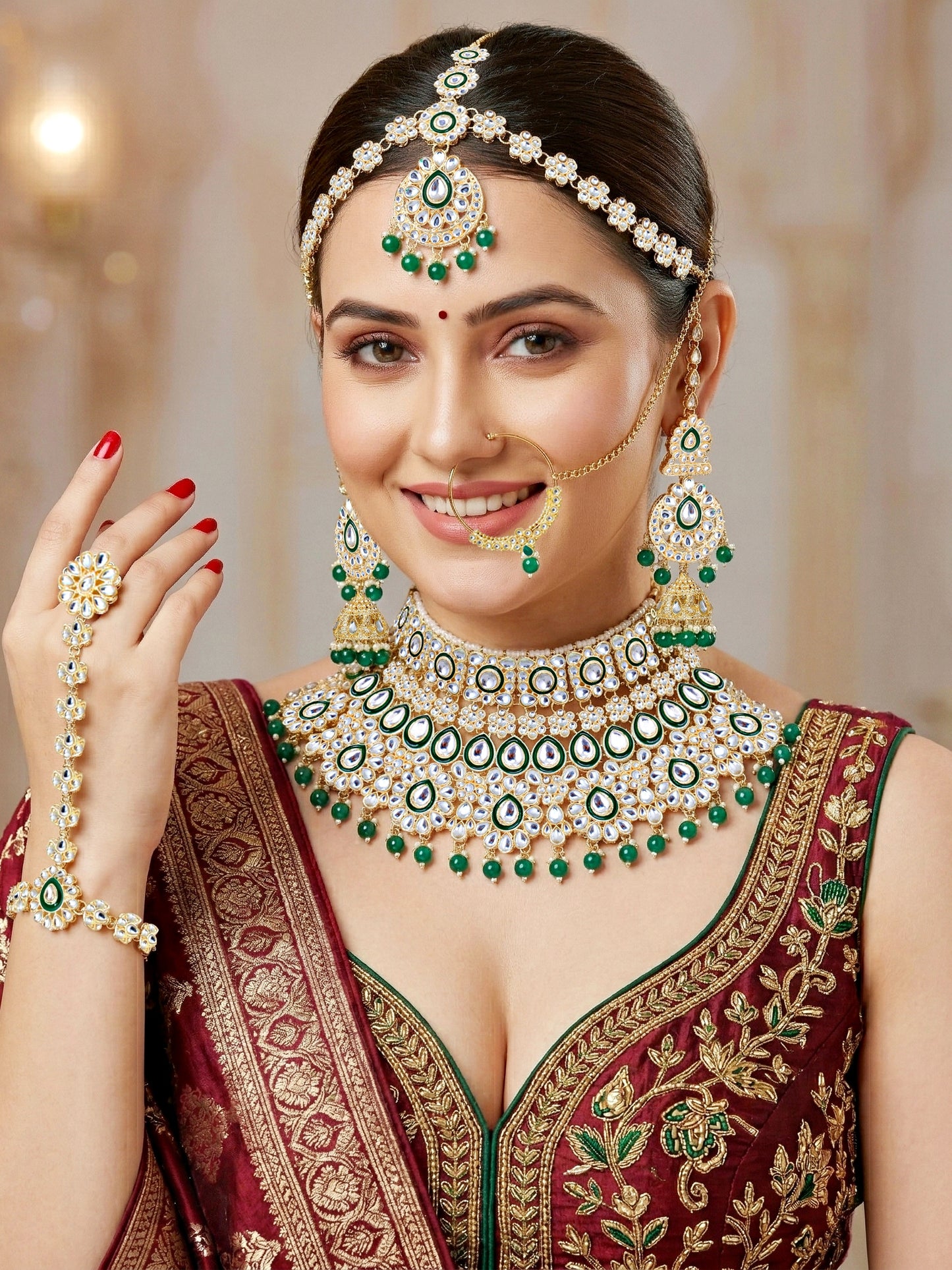 Bridal Kundan Green Heavy Choker Jewellery Set with Hathphool & Nath (2640-IZK-551-G)