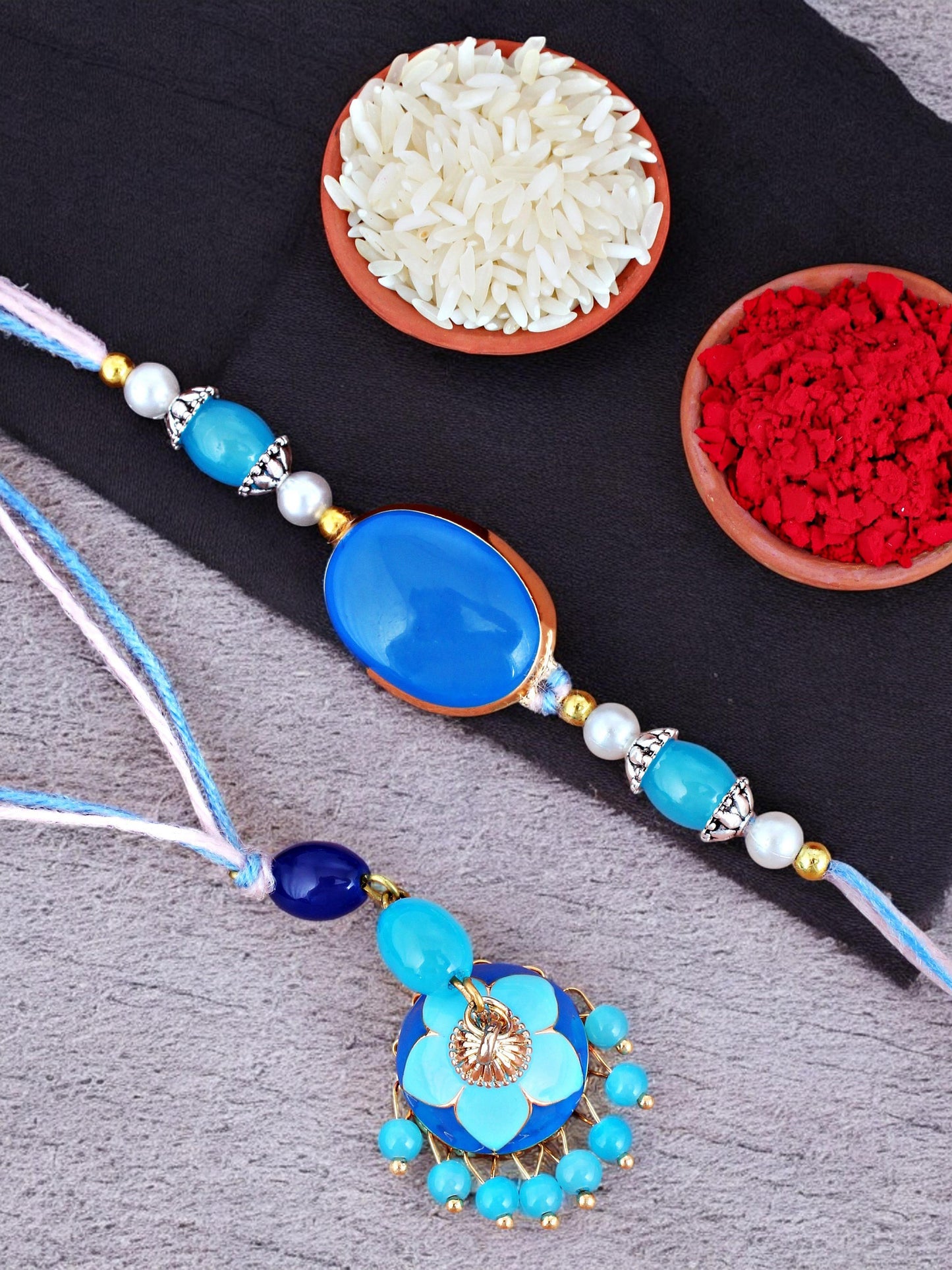 Lucky Jewellery Designer Blue & Turquoise Meena Rakhi - Rakshabandhan Rakhee with Tasseled Lumba Bracelet for Brother Bhaiya Bhai Bhabhi - Pack of 2 (265-CHCR1-1151-FB-2)