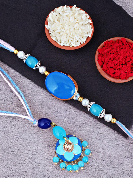 Lucky Jewellery Designer Blue & Turquoise Meena Rakhi - Rakshabandhan Rakhee with Tasseled Lumba Bracelet for Brother Bhaiya Bhai Bhabhi - Pack of 2 (265-CHCR1-1151-FB-2)