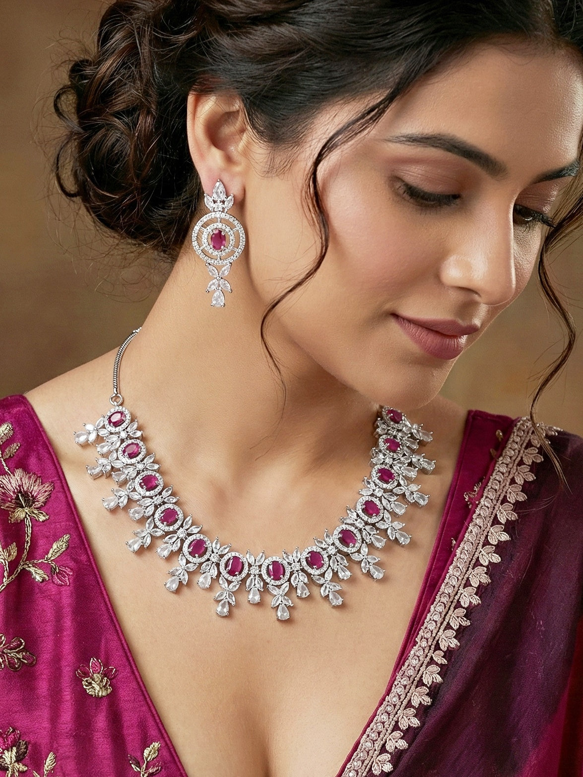 Silver-Tone Ruby Red Stone & American Diamond Necklace Set with Earrings for Women – Office, Party & Function Wear (1717-K4SA-2242-R-S)