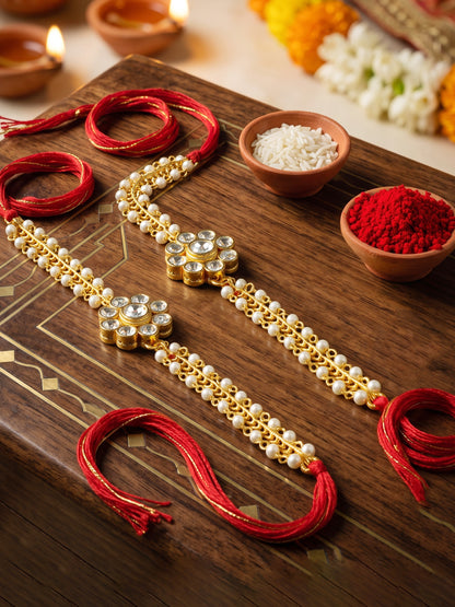 LUCKY JEWELLERY Traditional Rakhi for Brother/Bhaiya – Gold Plated Red Thread Rakshabandhan Rakhie White Stones for Bhai/Bhabhi (Pack of 2) – Fancy Rakhee Bracelet Rakshasutra (198-L1R1-26-W-2-2026)