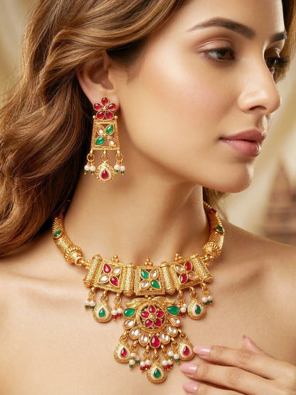 Lucky Jewellery Gold-Plated Ruby & Green Color Necklace Set (750-G2SR-269-RG)