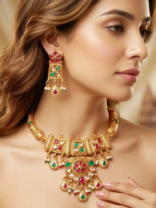 Lucky Jewellery Gold-Plated Ruby & Green Color Necklace Set (750-G2SR-269-RG)