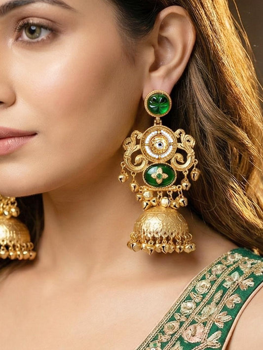 LUCKY JEWELLERY Traditional Gold Plated Green Stone Jhumka Earrings with Ghungroo | Kashmiri Style Designer Jhumki Earrings for Girls & Women | Wedding, Festival, Party & Gift Wear