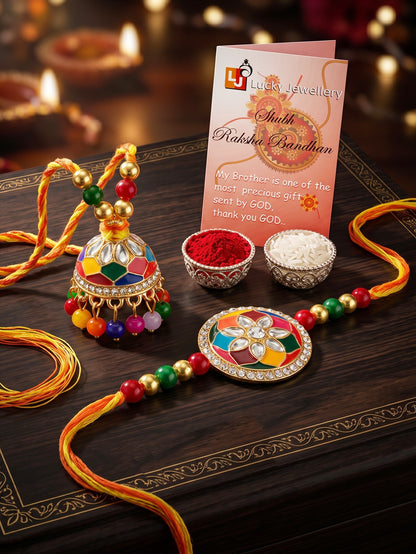 Set of 2 Multicolor Meenakari Bhaiya Bhabhi Rakhi Set With Lumba, Roli, Chawal & Card (325-CHCR1-1152-MT-2-2026)