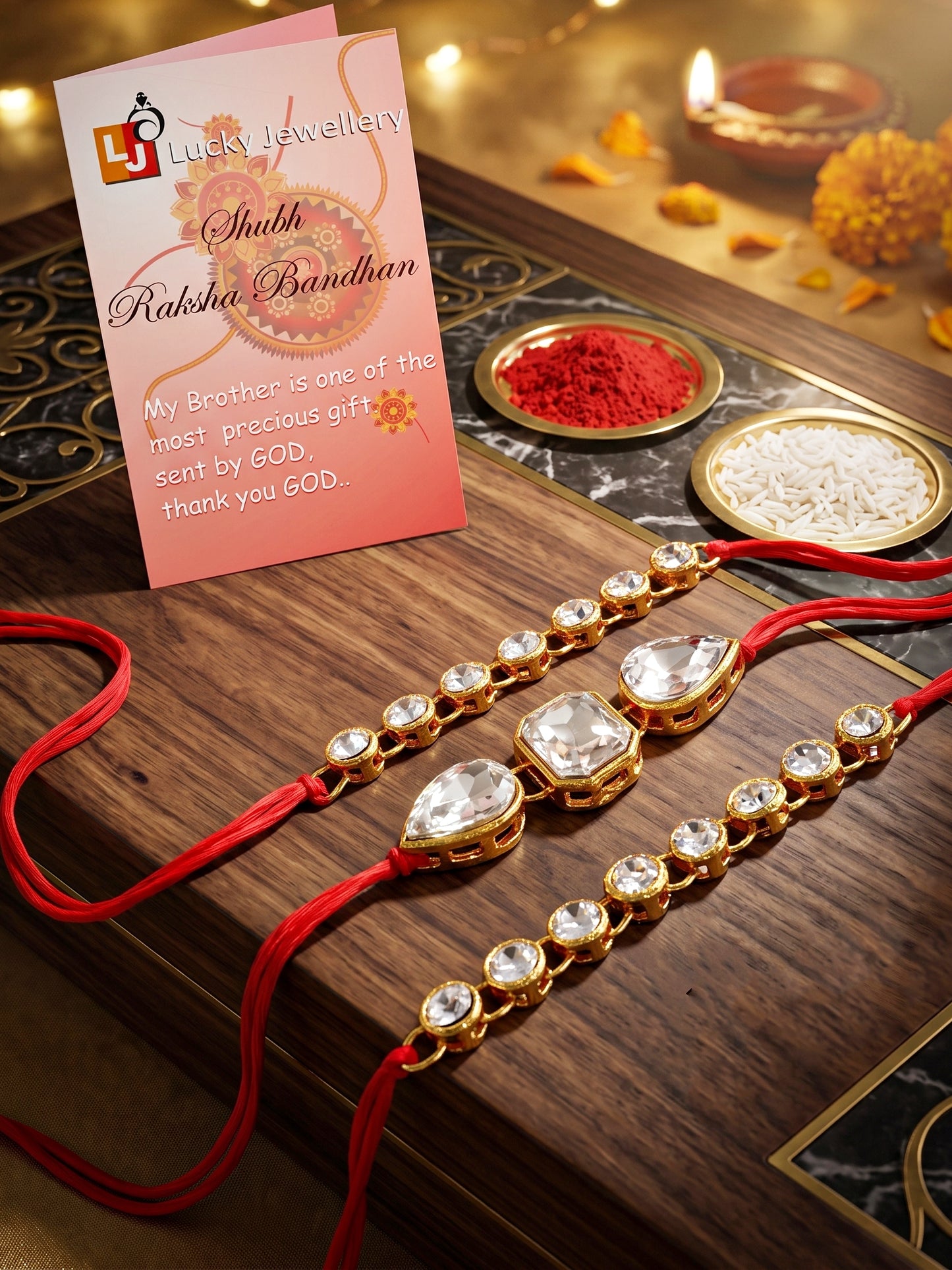 LUCKY JEWELLERY Traditional Rakhi for Brother/Bhaiya – Gold Plated Red Thread Rakshabandhan Rakhie White Stones for Bhai/Bhabhi (Pack of 3) – Fancy Rakhee Bracelet Rakshasutra (159-L1R1-08-W-3-2026)