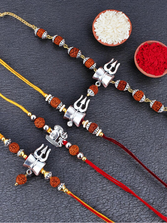Lucky Jewellery Designer Oxidised Silver Religious Shiva Rakhi - Rakshabandhan Immitation Rudraksh Rakhee Lumba Bracelet for Brother Bhaiya Bhai Bhabhi - Pack of 4 (241-JPR1-1982-S-4)