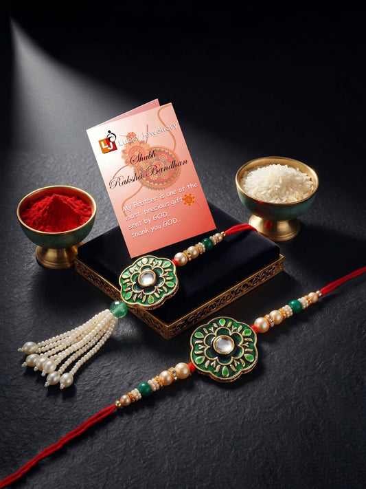 Set of 2 Bhaiya Bhabhi Rakhi Set with Floral Pendant, Green & Golden Beads,Tassel Lumba,Roli Chawal (130-JPCR1-1853-G-2-2026)