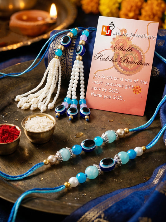 Rakhi Set of 4 with Small Evil Eye Lumba, Blue & Gold Beads, Roli Chawal & Card (116-J5R1-1991-EE-4-2026)