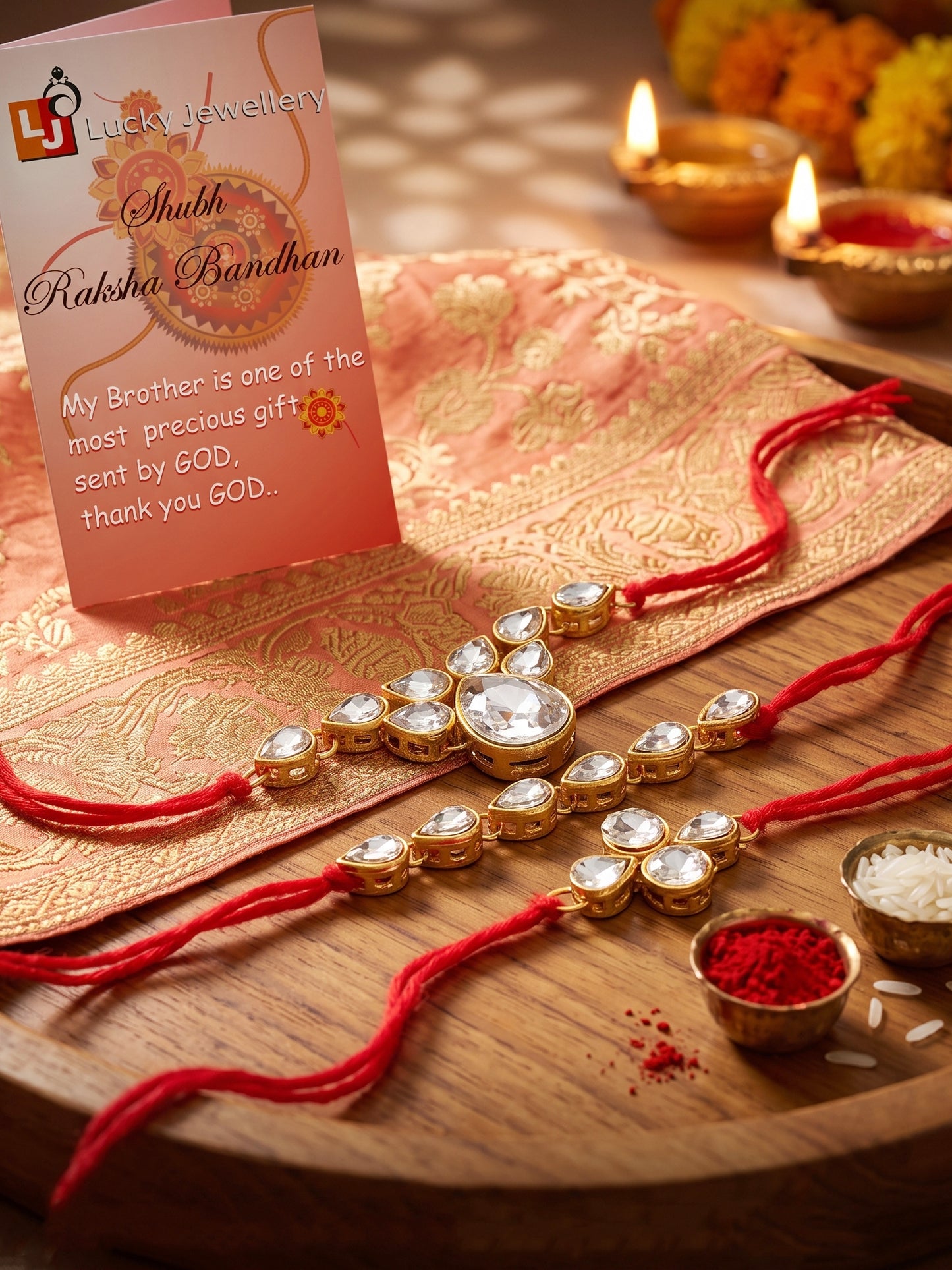 LUCKY JEWELLERY Traditional Rakhi for Brother/Bhaiya – Gold Plated Red Thread Rakshabandhan Rakhie White Stones for Bhai/Bhabhi (Pack of 3) – Fancy Rakhee Bracelet Rakshasutra (159-L1R1-04-W-3-2026)