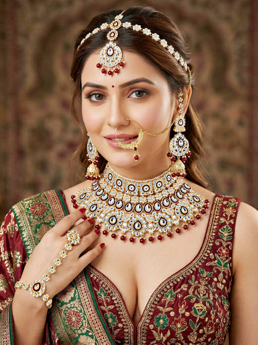 Bridal Kundan Maroon Heavy Choker Jewellery Set with Hathphool & Nath (2640-IZK-551-M)