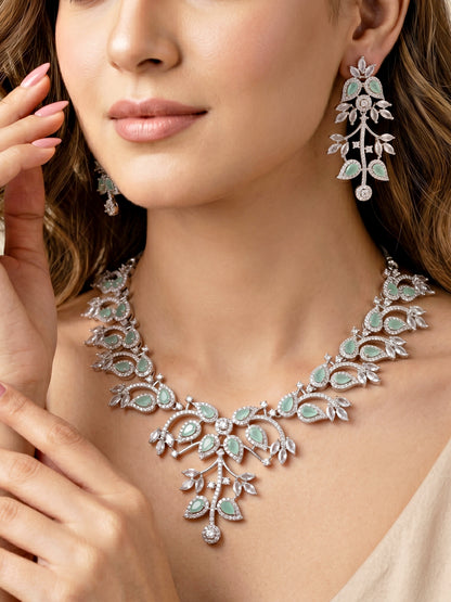 Lucky Jewellery Silver-Tone Turquoise Stone & American Diamond Necklace Set with Earrings for Women – Office, Party & Function Wear (1948-K4SA-2241-MNT-S)