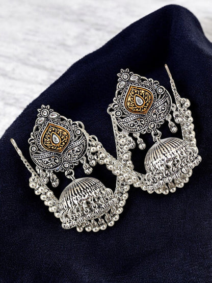 Trendy Oxidised Silver Plating Jhumki Earring For Women and Girls | Designer Earrings with Tasseled Ear Chain (367-TJO-16905)