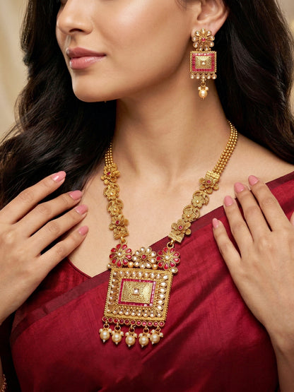 Lucky Jewellery Gold-Plated Ruby Color Traditional Necklace Set (726-G2SR-197-R)
