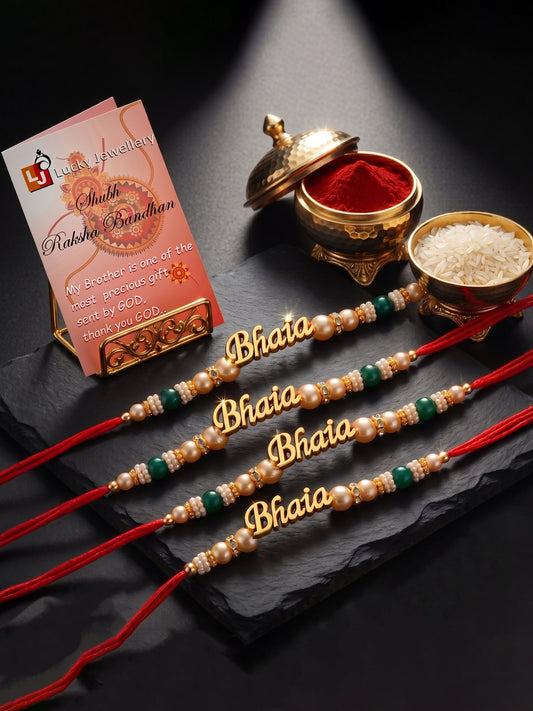 Set of 5 Small Bhaia Pendant Rakhi for Brothers with Green & Gold Beads,Roli Chawal & Card (110-CHR1-1965-5-2026)
