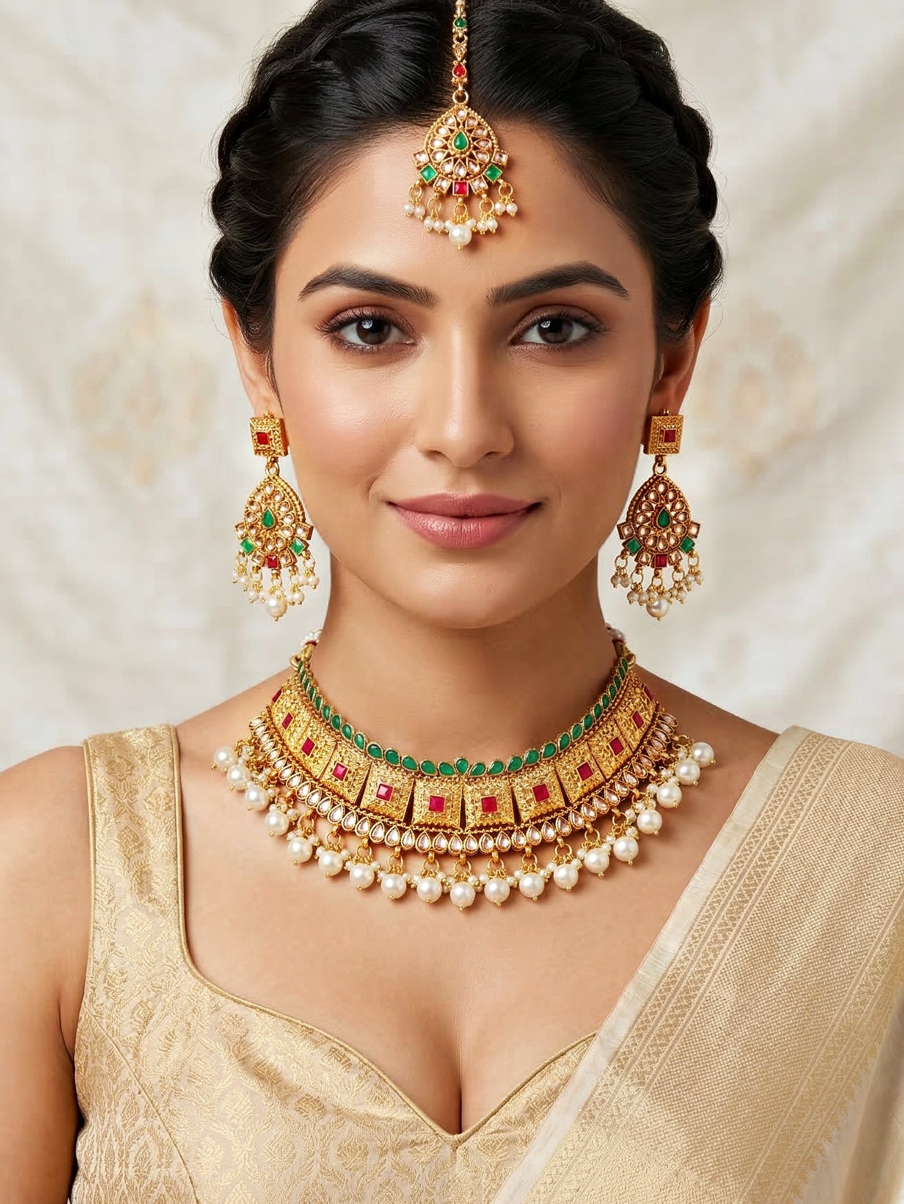 Lucky Jewellery Gold-Plated Ruby & Green Color Choker Necklace Set (866-G2SR-006-RG)