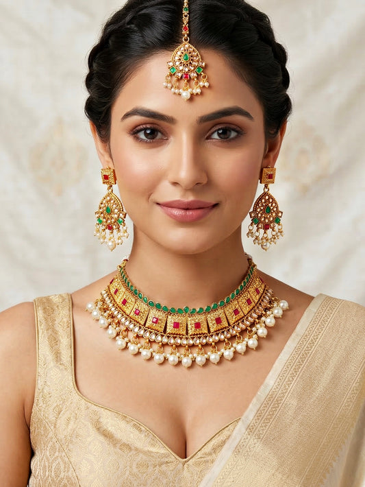 Lucky Jewellery Gold-Plated Ruby & Green Color Choker Necklace Set (866-G2SR-006-RG)