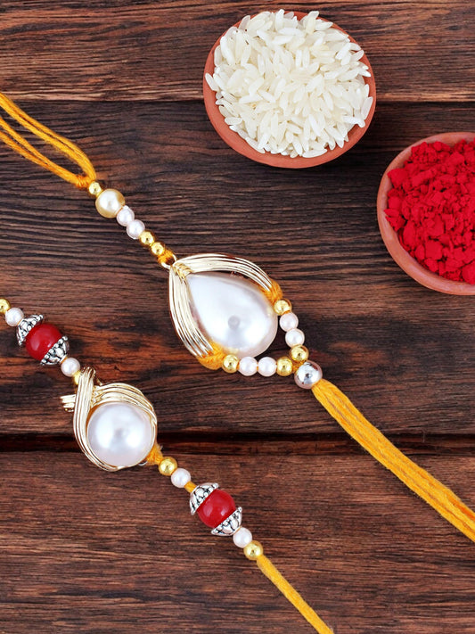 Lucky Jewellery Designer Gold Plated Pearl Rakhi - Rakshabandhan Rakhee Lumba Bracelet for Brother Bhaiya Bhai Bhabhi - Pack of 2 (275-CHR1-1137-2)