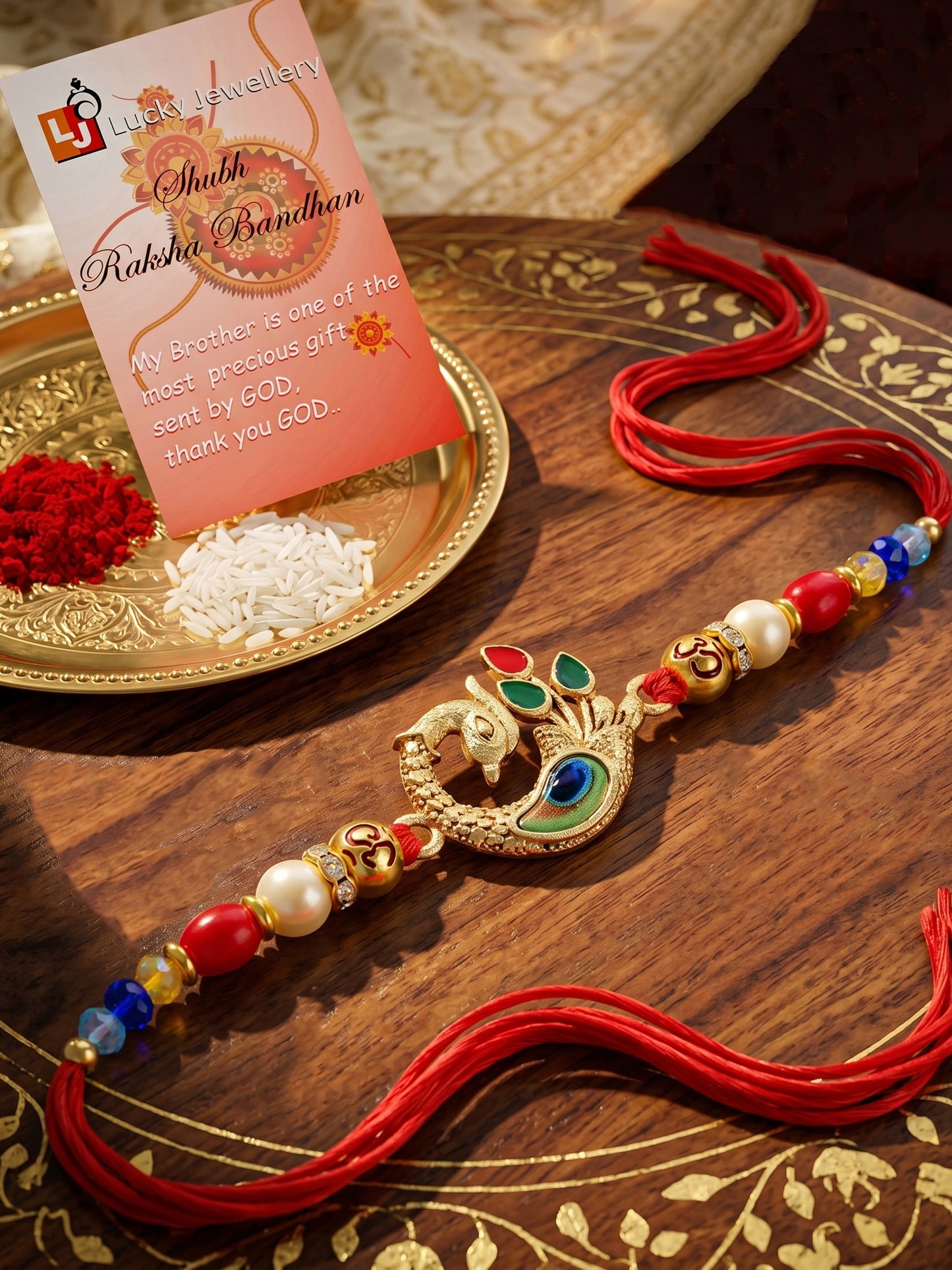 Elegant Peacock Rakhi for Brother with Roli Chawal and Card | Traditional Enamel Beaded Rakhi (72-S5R1-AR2972)