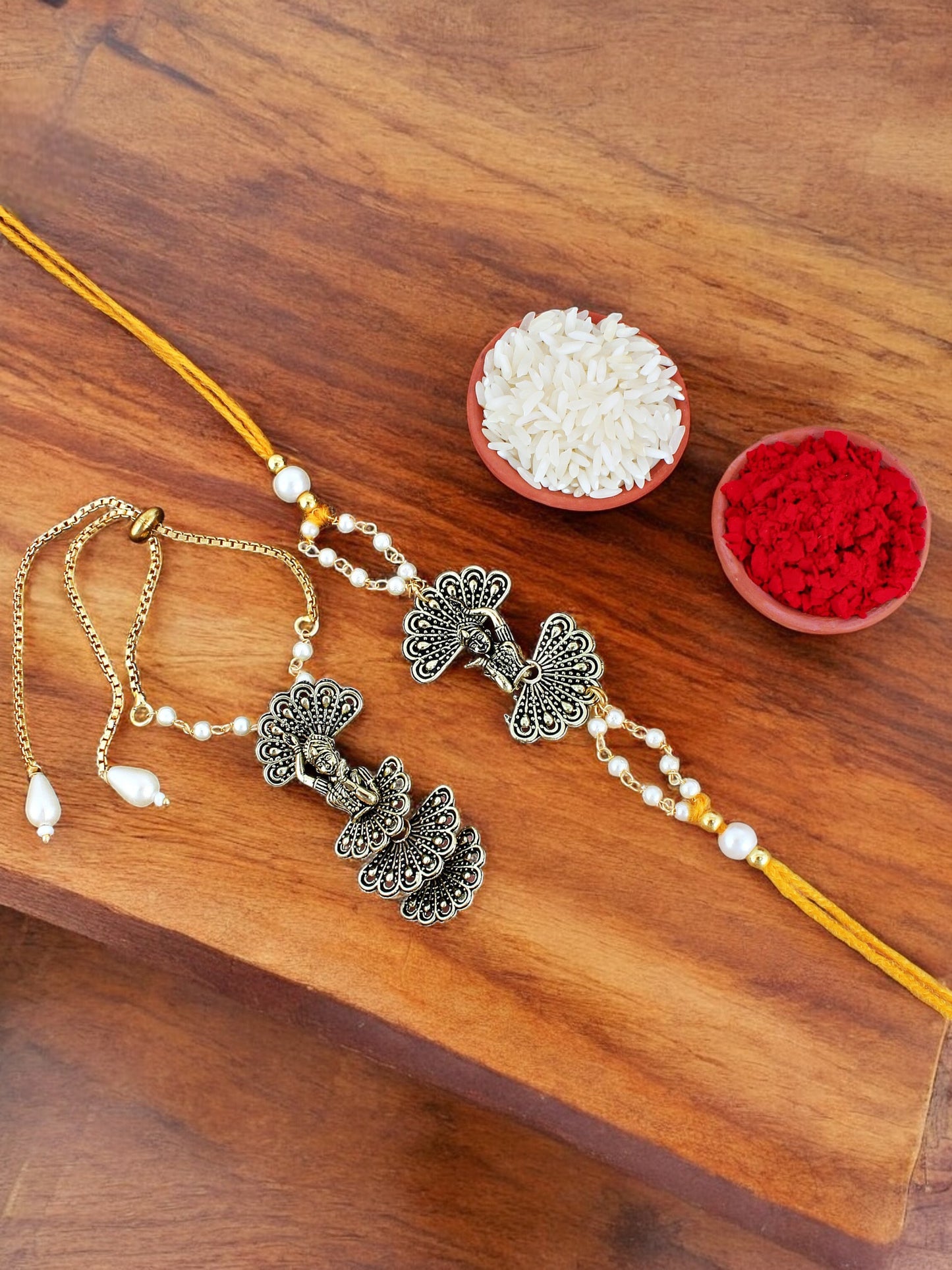 Lucky Jewellery Designer Oxidised Gold Rakhi - Rakshabandhan Dancing Girl Rakhee with Lumba Bracelet for Brother/Bhaiya/Bhai/Bhabhi - Pack of 2 (120-JPR1-1974-2)