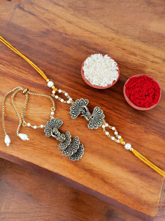 Lucky Jewellery Designer Oxidised Gold Rakhi - Rakshabandhan Dancing Girl Rakhee with Lumba Bracelet for Brother/Bhaiya/Bhai/Bhabhi - Pack of 2 (120-JPR1-1974-2)