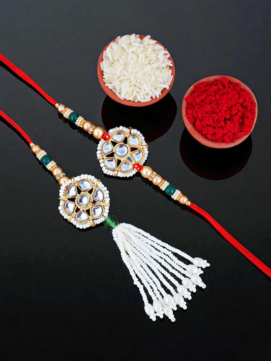 Lucky Jewellery Designer Kundan Floral Rakhi - Rakshabandhan Pearl Rakhee with Lumba Bracelet for Brother/Bhaiya/Bhai/Bhabhi - Pack of 2 (118-JPCR1-1850-2)