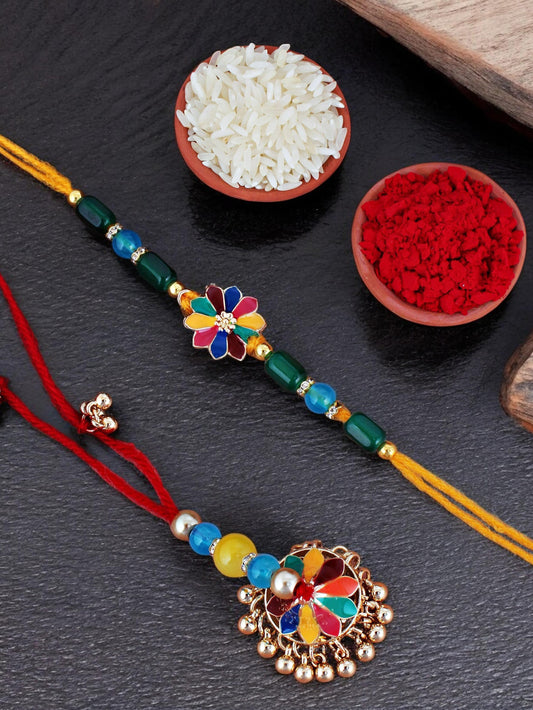 Lucky Jewellery Designer Gold Plated Multi Color Meenakari Rakhi - Rakshabandhan Rakhee with Tasseled Lumba Bracelet for Brother/Bhaiya/Bhai/Bhabhi - Pack of 2 (240-CHCR1-1146-MT-2)