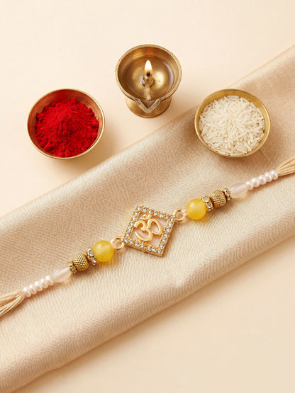 Designer Square Om Rakhi For Brother With Roli Chawal And Card | Gold-Tone Rhinestone Studded Rakhi (100-S7R1-IO3801)