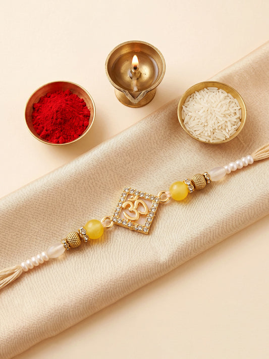 Designer Square Om Rakhi For Brother With Roli Chawal And Card | Gold-Tone Rhinestone Studded Rakhi (100-S7R1-IO3801)