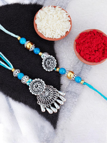 Lucky Jewellery Designer Oxidised Silver Rakhi - Rakshabandhan Rakhee with Tasseled Lumba Bracelet for Brother/Bhaiya/Bhai/Bhabhi - Pack of 2 (144-JPCR1-1983-S-2)