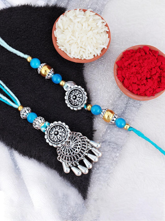 Lucky Jewellery Designer Oxidised Silver Rakhi - Rakshabandhan Rakhee with Tasseled Lumba Bracelet for Brother/Bhaiya/Bhai/Bhabhi - Pack of 2 (144-JPCR1-1983-S-2)