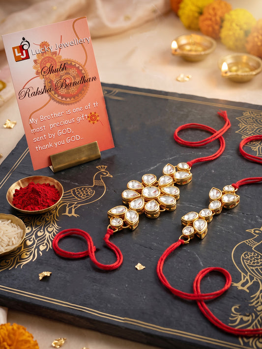 LUCKY JEWELLERY Traditional Rakhi for Brother/Bhaiya – Gold Plated Red Thread Rakshabandhan Rakhie White Stones for Bhai/Bhabhi (Pack of 2) – Fancy Rakhee Bracelet Rakshasutra (159-L1R1-03-W-2-2026)
