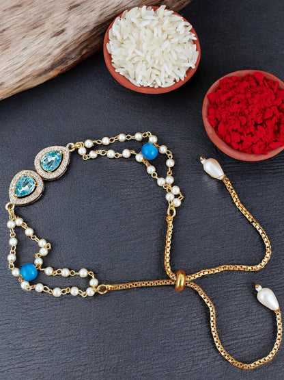 Lucky Jewellery Designer Turquoise Color Stone Rakhi - Rakshabandhan Rakhee Bracelet Pearl Lumba for Bhabhi/Girls & Women with Pull Chain Pack of 1 (233-CHB2-1279-F)