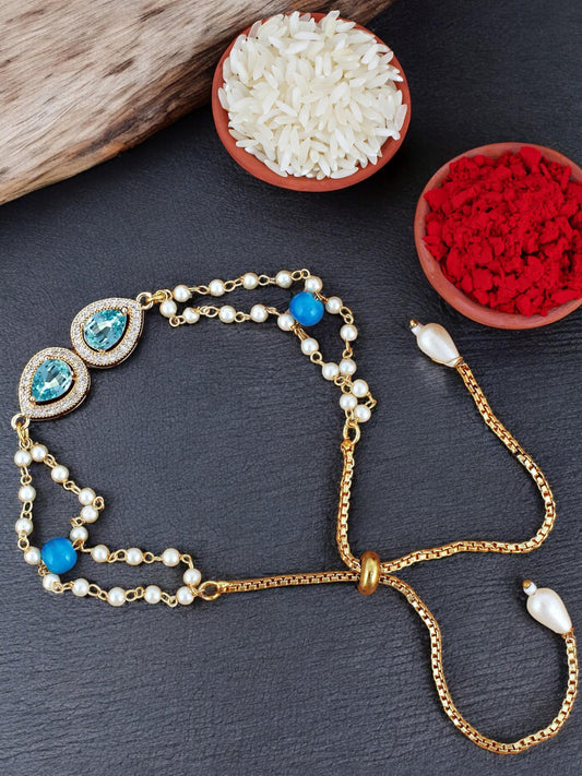 Lucky Jewellery Designer Turquoise Color Stone Rakhi - Rakshabandhan Rakhee Bracelet Pearl Lumba for Bhabhi/Girls & Women with Pull Chain Pack of 1 (233-CHB2-1279-F)