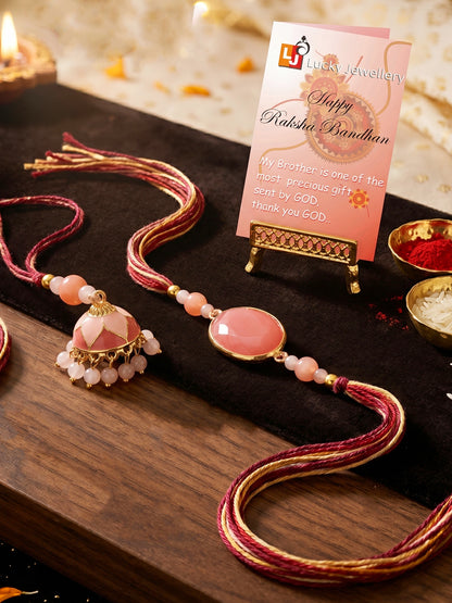 Set of 2 Pink Faux Stone Bhaiya Bhabhi Rakhi Set with Jhumki Lumba. Pink Beads, Roli, Chawal & Card (265-CHCR1-1151-PK-2-2026)