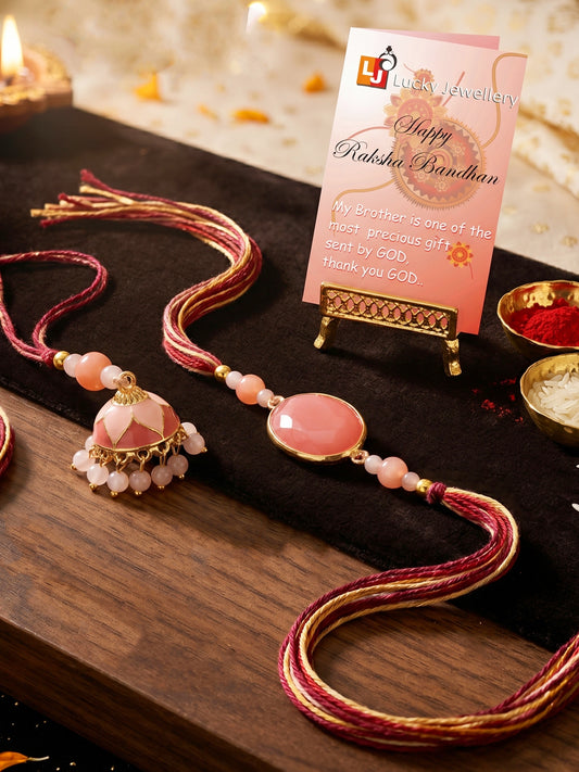 Set of 2 Pink Faux Stone Bhaiya Bhabhi Rakhi Set with Jhumki Lumba. Pink Beads, Roli, Chawal & Card (265-CHCR1-1151-PK-2-2026)