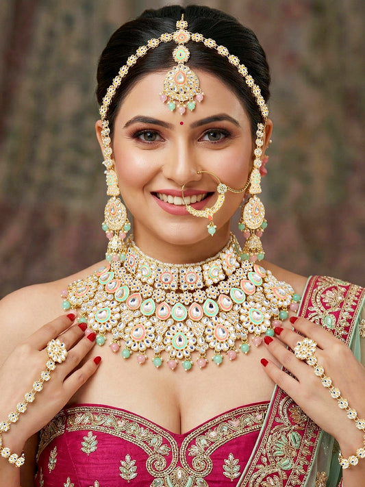Bridal Kundan Pink Mint Multicolor Heavy Choker Jewellery Set with Hathphool & Nath (2640-IZK-551-PKMNT)
