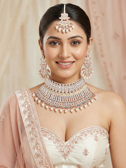 Rose Gold Plated AD White Stone & Pearl Bridal Choker Jewellery Set with Maang Tikka (974-B5SP-007-W)