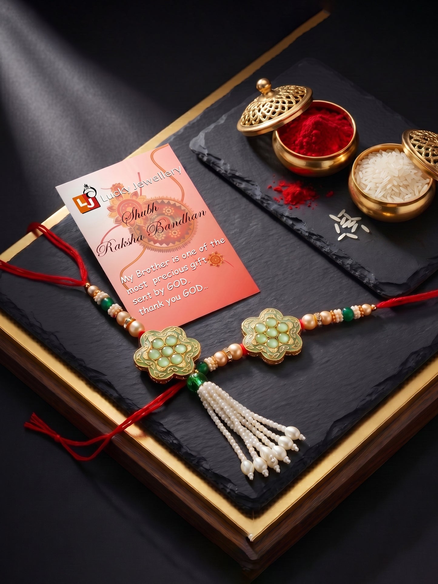 Set of 2 Bhaiya Bhabhi Rakhi Set with Floral Mint Pendant, Green & Golden Beads,Tassel Lumba (130-JPCR1-1857-MNT-2-2026)