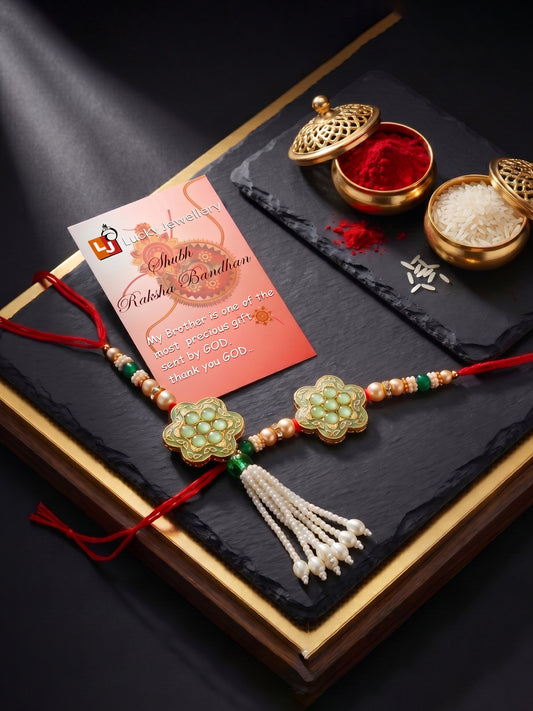 Set of 2 Bhaiya Bhabhi Rakhi Set with Floral Mint Pendant, Green & Golden Beads,Tassel Lumba (130-JPCR1-1857-MNT-2-2026)