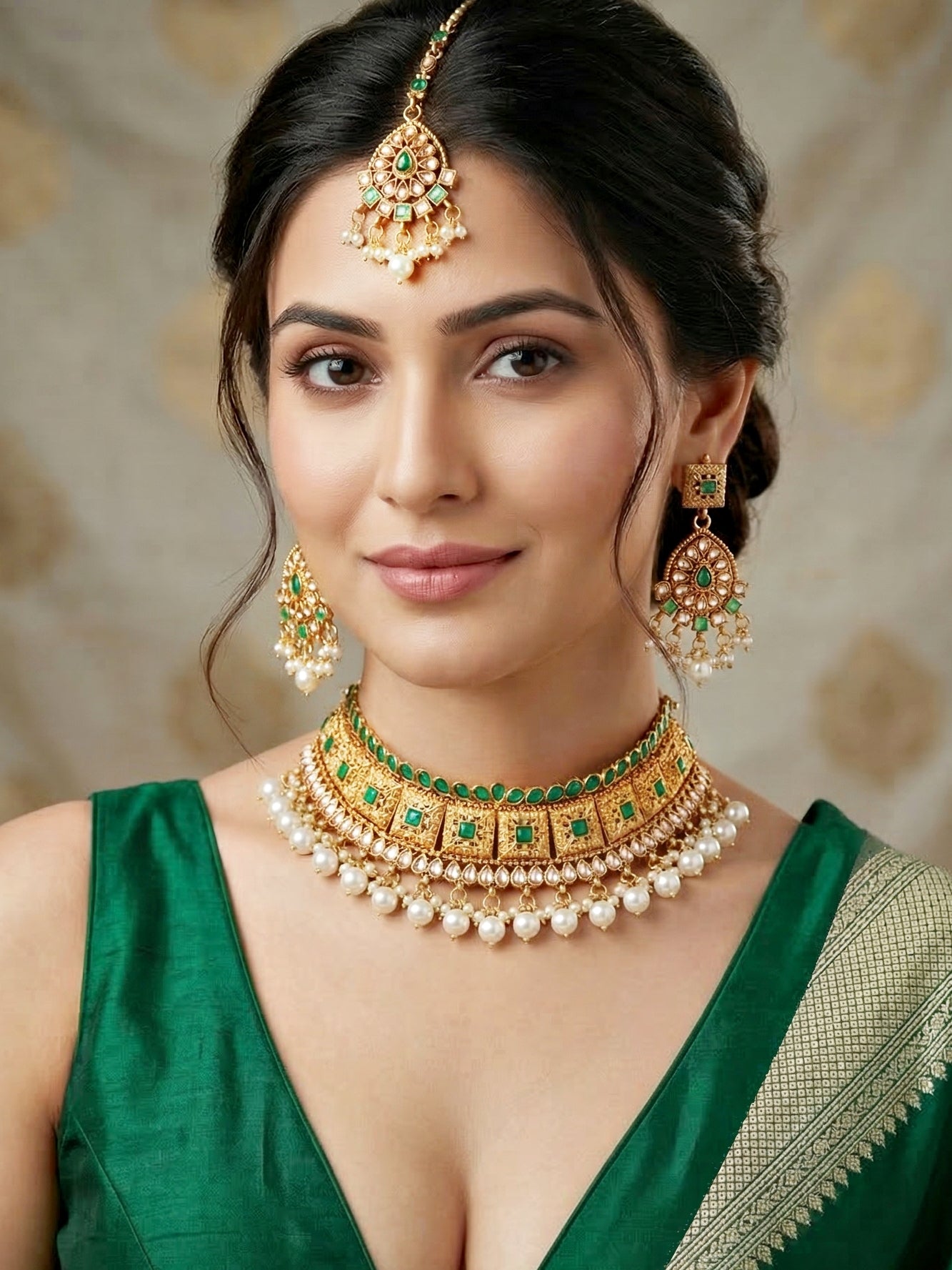 Lucky Jewellery Gold-Plated Green Color Choker Set with Tikka (866-G2SR-006-G)