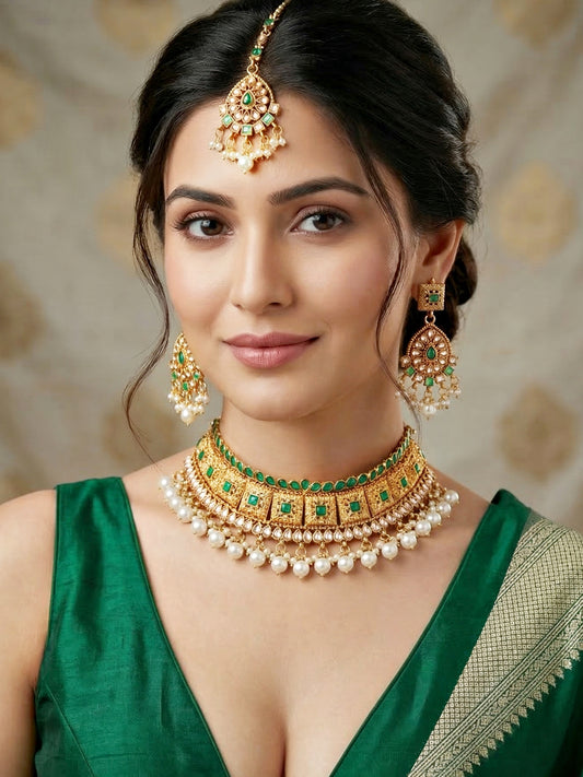 Lucky Jewellery Gold-Plated Green Color Choker Set with Tikka (866-G2SR-006-G)