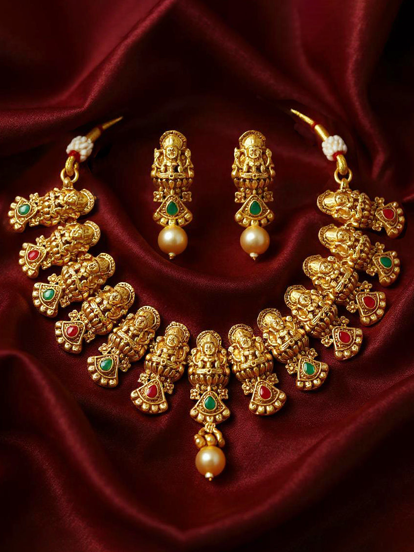Gold Plated Temple Jewellery Goddess Lakshmi Design Necklace with Earrings