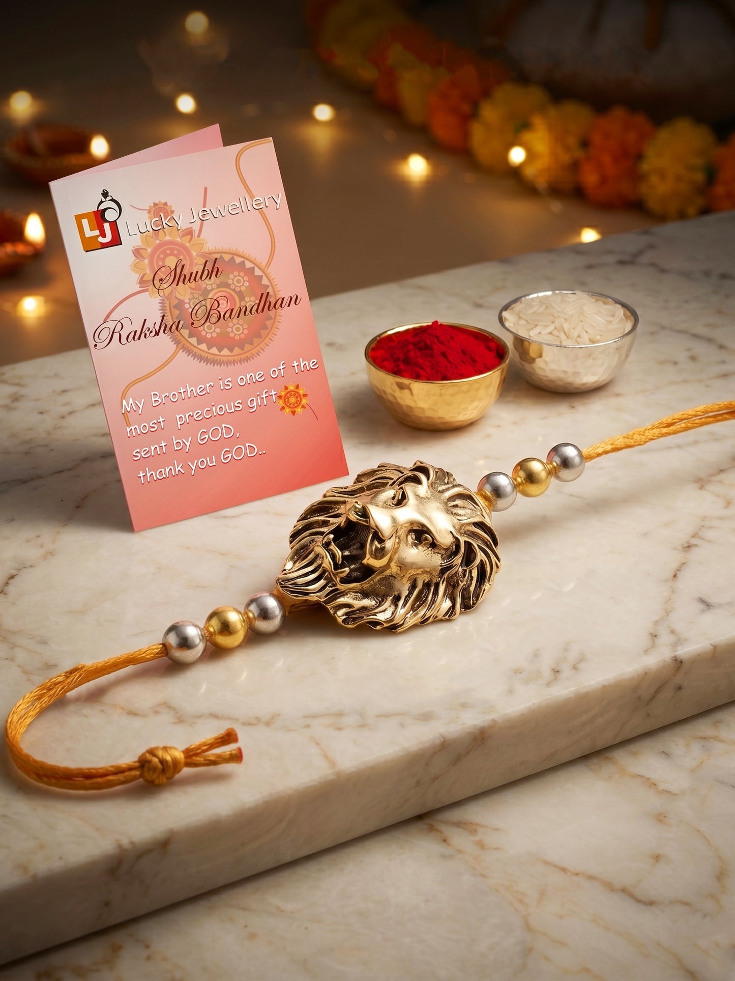 Golden Lion Pendant Rakhi for Brother with Metallic Beads, Roli Chawal & Card (140-CHR1-1175-1-2026)