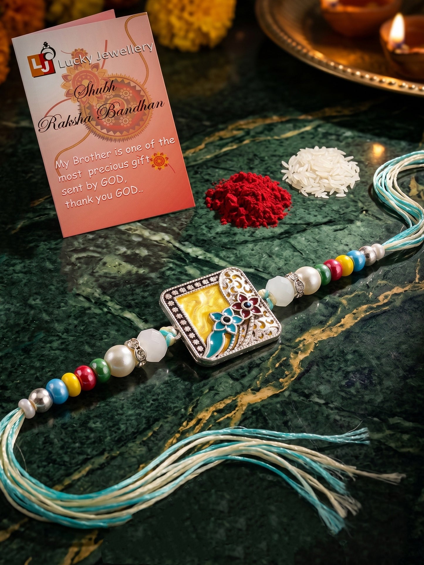 Traditional Meenakari Floral Rakhi For Brother | Silver-Finish Square Yellow Enamel Beaded Set Card (132-S5R1-AR2775)