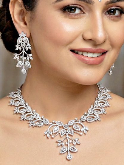 Silver-Tone White Stone & American Diamond Necklace Set with Earrings for Women – Office, Party & Function Wear (1948-K4SA-2241-W-S)