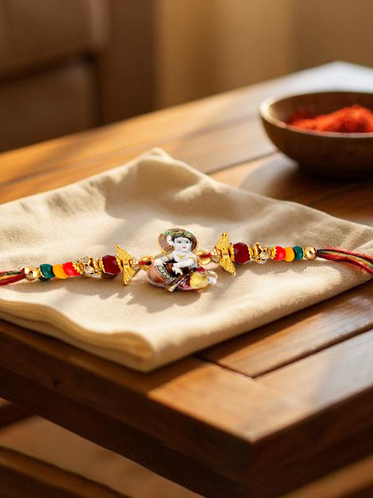 Gold Plated Little Krishna Kids Rakhi - Rakshabandhan Religious Rakhee for Bhaiya/Bhabhi - Pack of 1