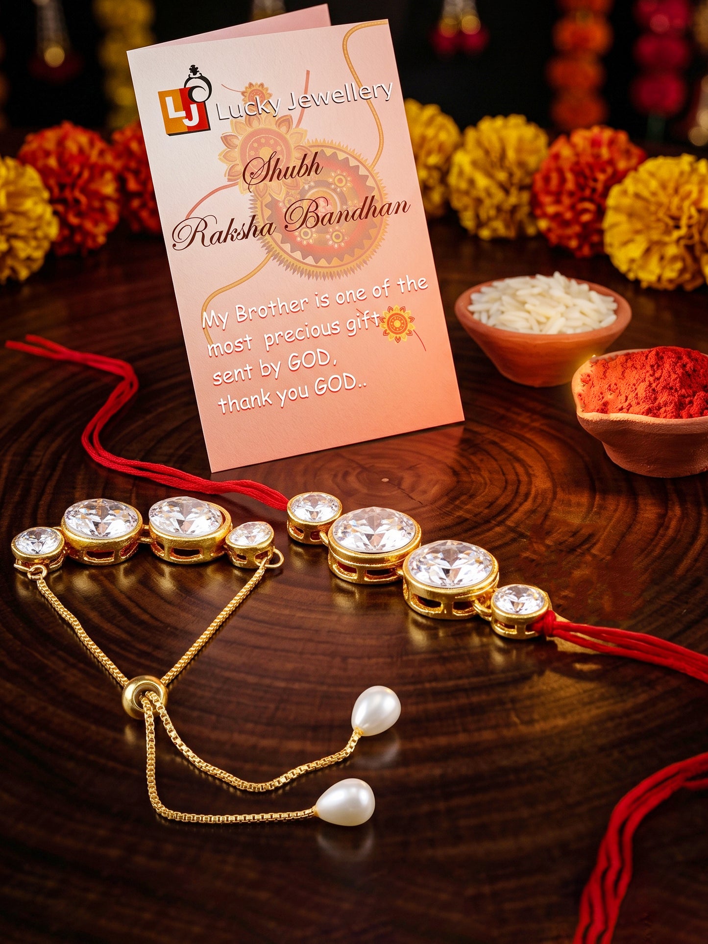 LUCKY JEWELLERY Rakhi for Brother/Bhaiya – Gold Plated Red Thread Rakshabandhan Rakhie in White Stones for Bhai/Bhabhi (Pack of 2) – Rakhee Bracelet with Pull Chain Rakshasutra (152-L1R1-10B-W-2-2026)
