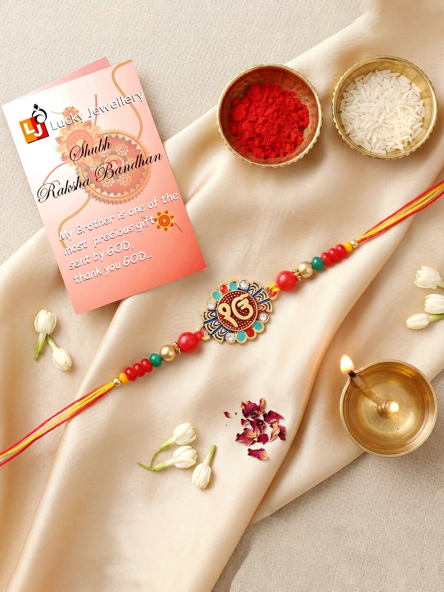 Ek Onkar Spiritual Sikh Rakhi For Brother | Punjabi Beaded Rakhi Set, Roli Chawal & Greeting Card (102-S5R1-PR1360)