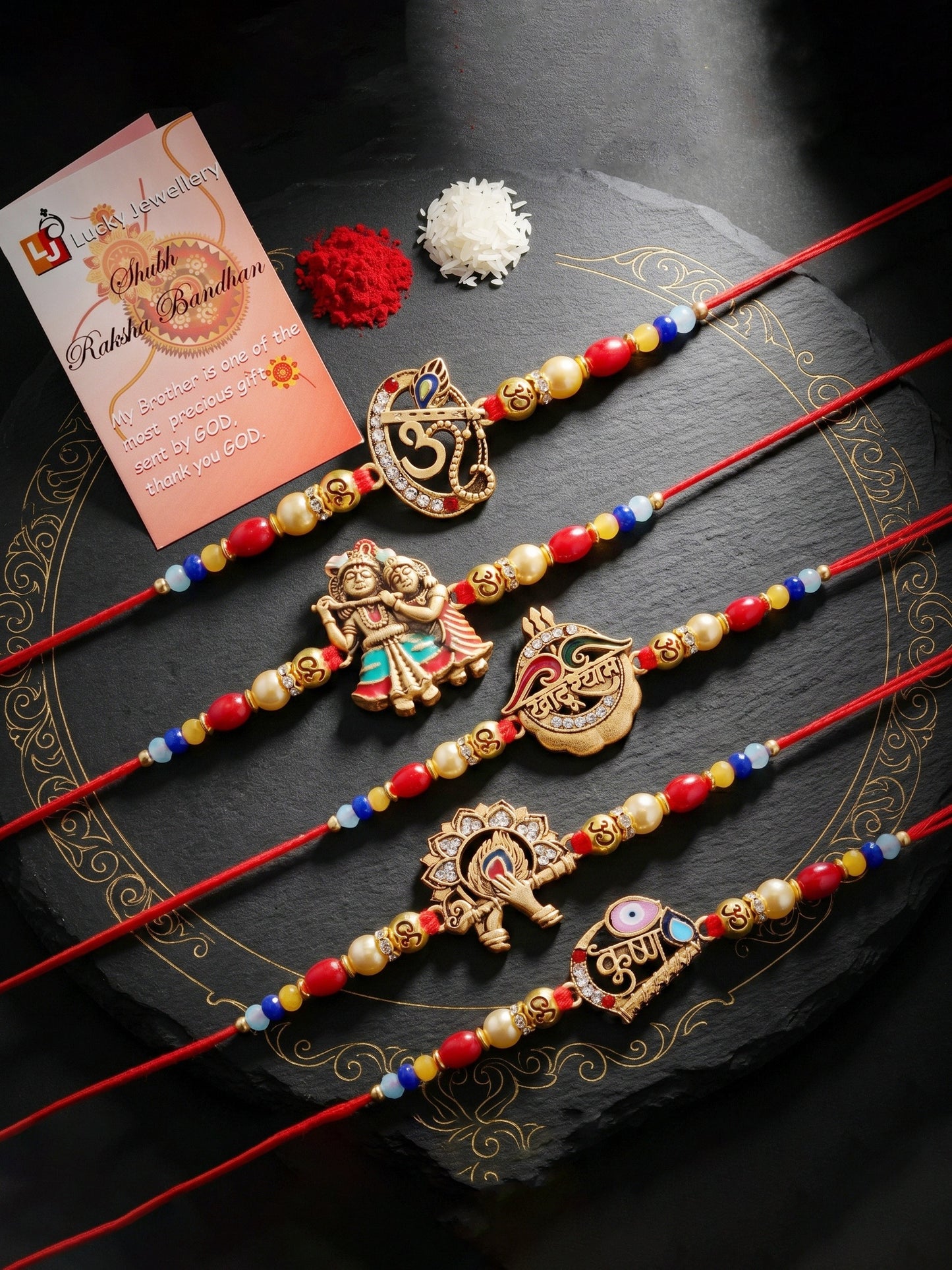 Set of 5 Traditional Divine Rakhis for Bhai | Beaded Radha Krishna & Khatu Shyam Threads | Raksha Bandhan Gift Set with Roli, Chawal & Greeting Card (360-S5R1-2306-5)